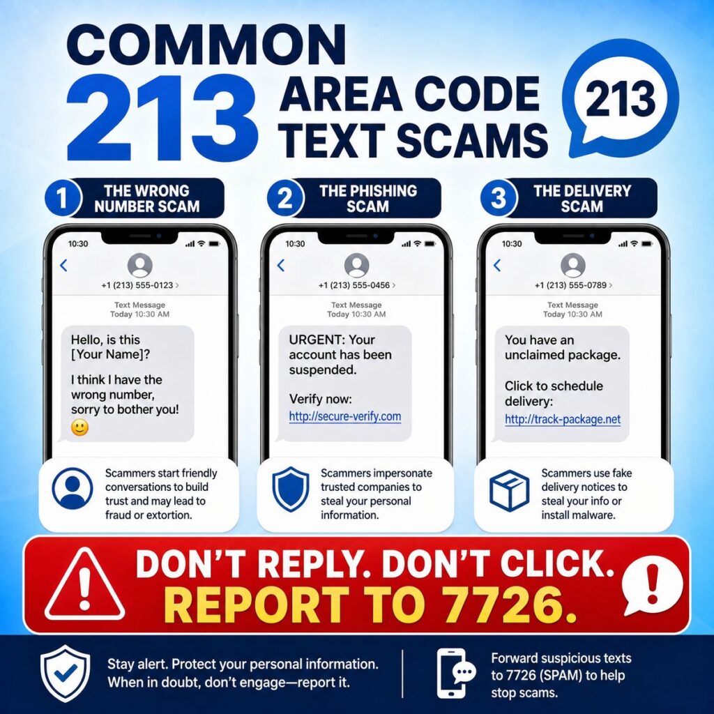Infographic of common 213 area code text scams like wrong number, phishing, and delivery fraud.