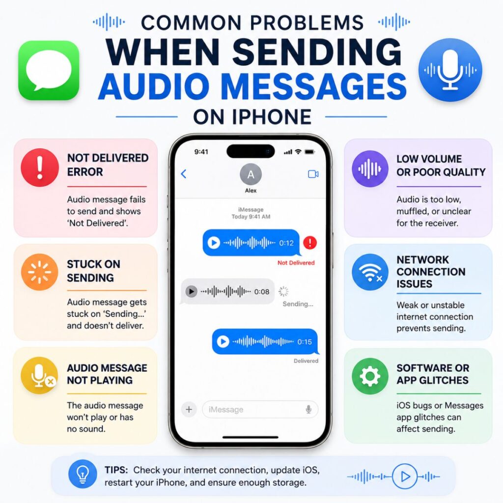 Infographic showing common iPhone audio message problems including delivery errors, low volume, and network issues.