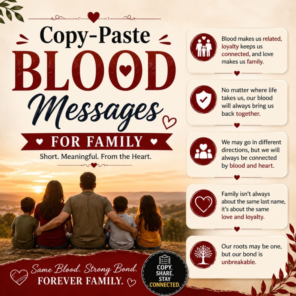 Copy-paste blood messages for family graphic with family silhouette, loyalty quotes, and heartfelt family bond themes
