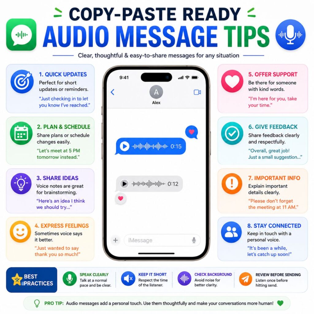 Colorful infographic showing copy-paste ready audio message tips with examples and best practices for voice messages.