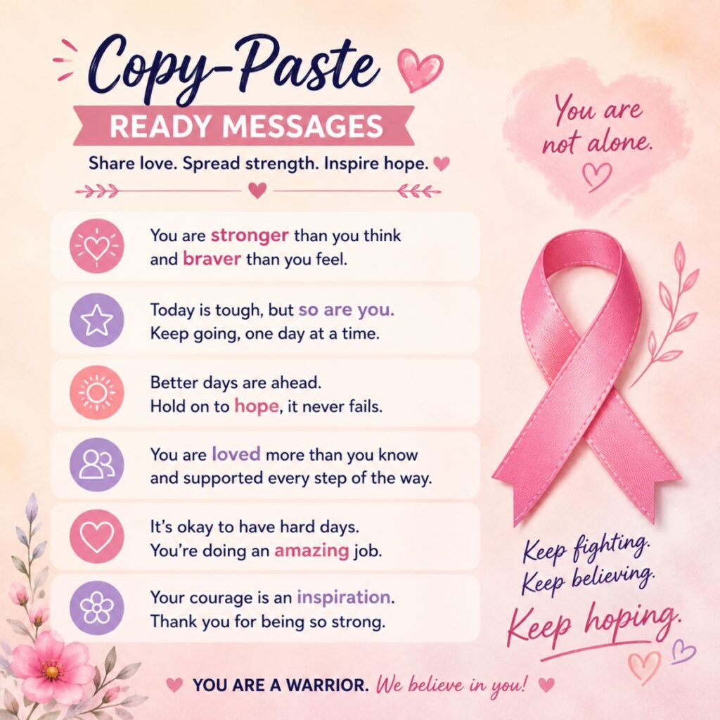 Copy-paste ready cancer support messages with pink ribbon, uplifting quotes, and inspirational floral design