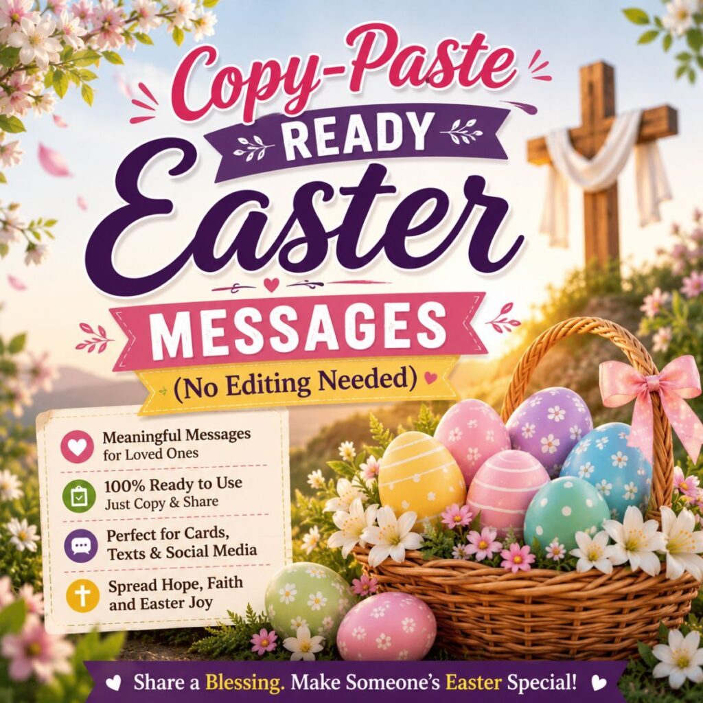 Copy-paste ready Easter messages with colorful Easter eggs, spring flowers, and Christian cross background