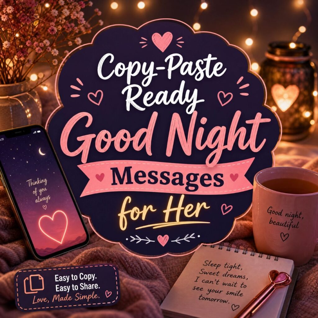 Cozy night scene with smartphone, tea, and fairy lights for copy-paste good night messages for her.