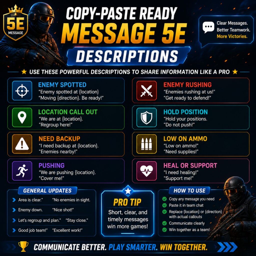 Copy-paste ready Message 5e descriptions for team communication, tactical callouts, and information sharing