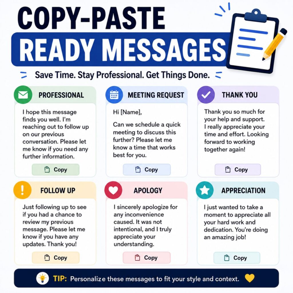 Copy-paste ready messages template featuring professional, follow-up, thank you, apology, and appreciation examples