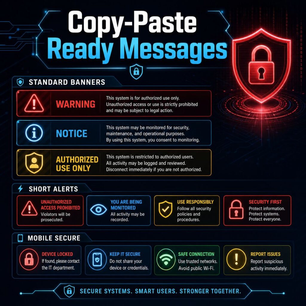 NSA style copy-paste ready warning messages graphic with cybersecurity dashboard layout and icons.