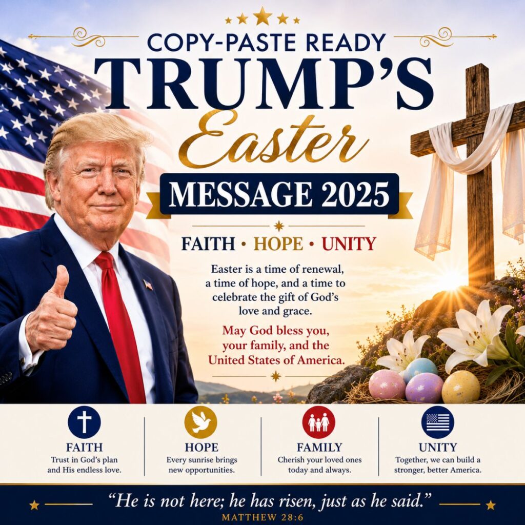 Copy-paste ready Trump Easter Message 2025 graphic with cross, Easter eggs, American flag, and faith message