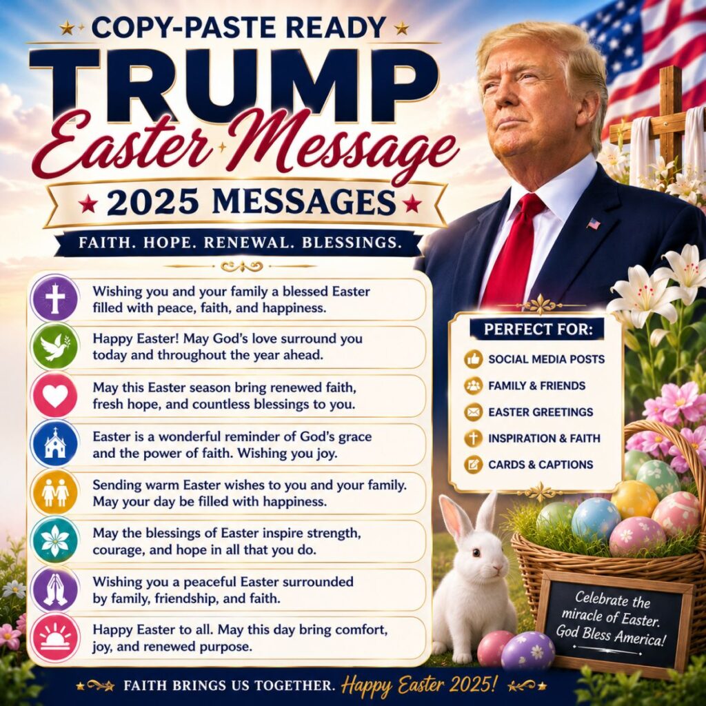 Copy-paste ready Trump Easter Message 2025 ideas with Easter greetings, faith symbols, bunny, eggs, and patriotic theme