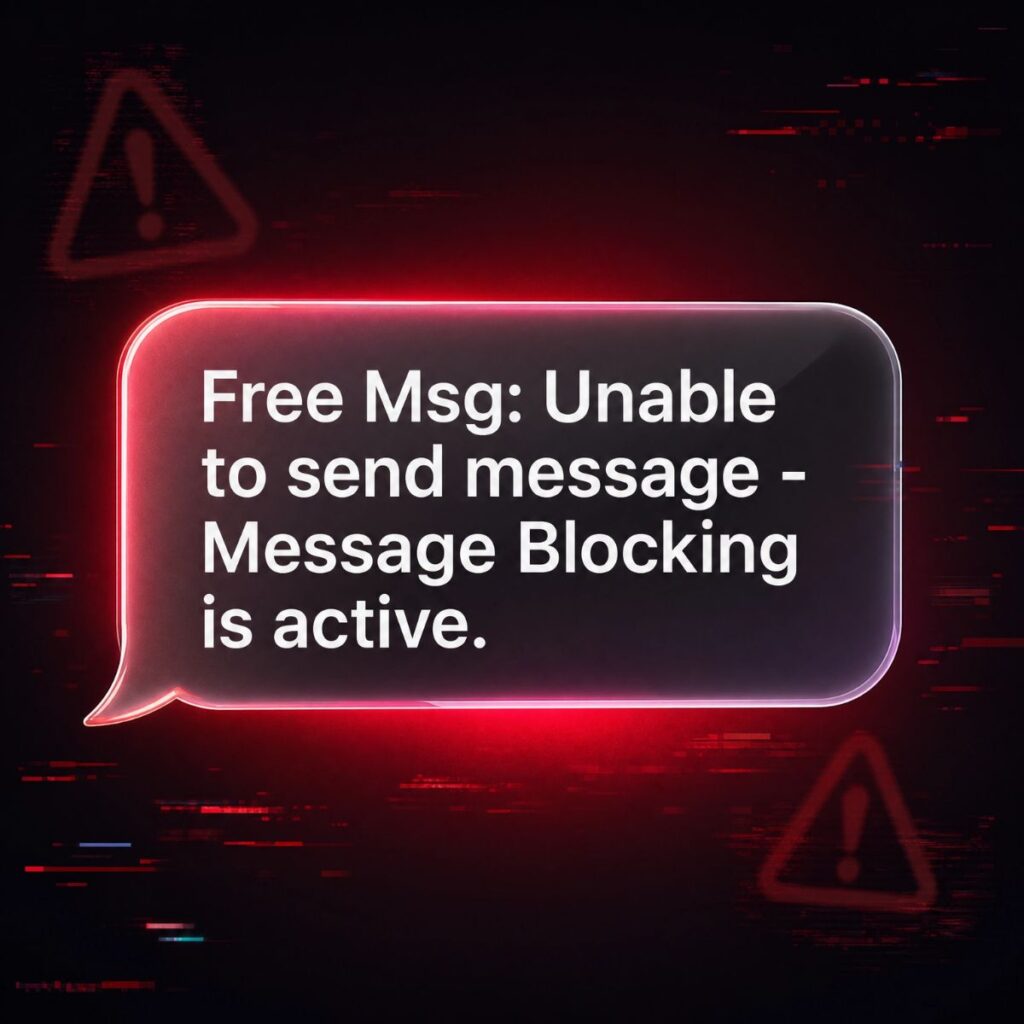  Creative graphic of Message Blocking is active notification with red glitch background.