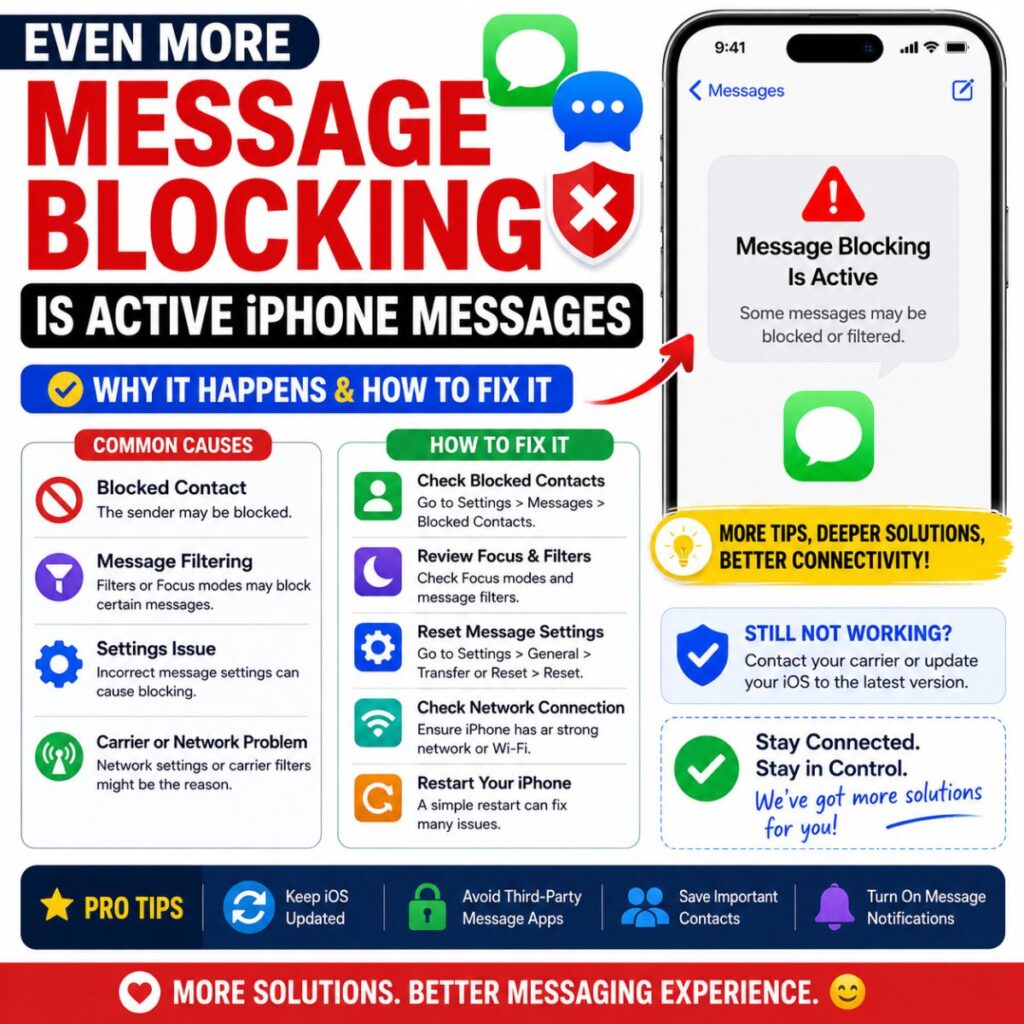 Even more Message Blocking Is Active iPhone fixes with troubleshooting tips, common causes, and step-by-step messaging solutions.