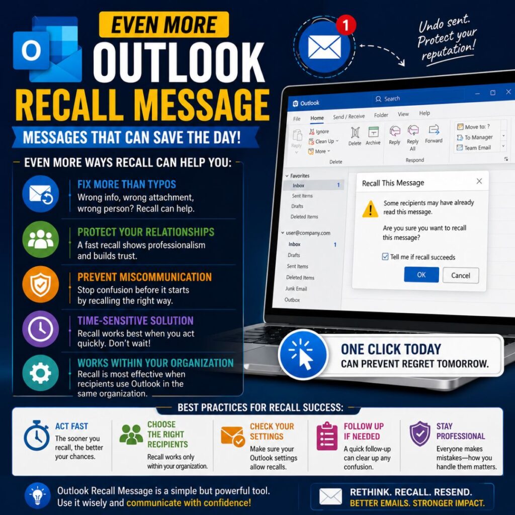 Outlook Recall Message infographic with email recall tips, Outlook interface, and best practices for fixing email mistakes.