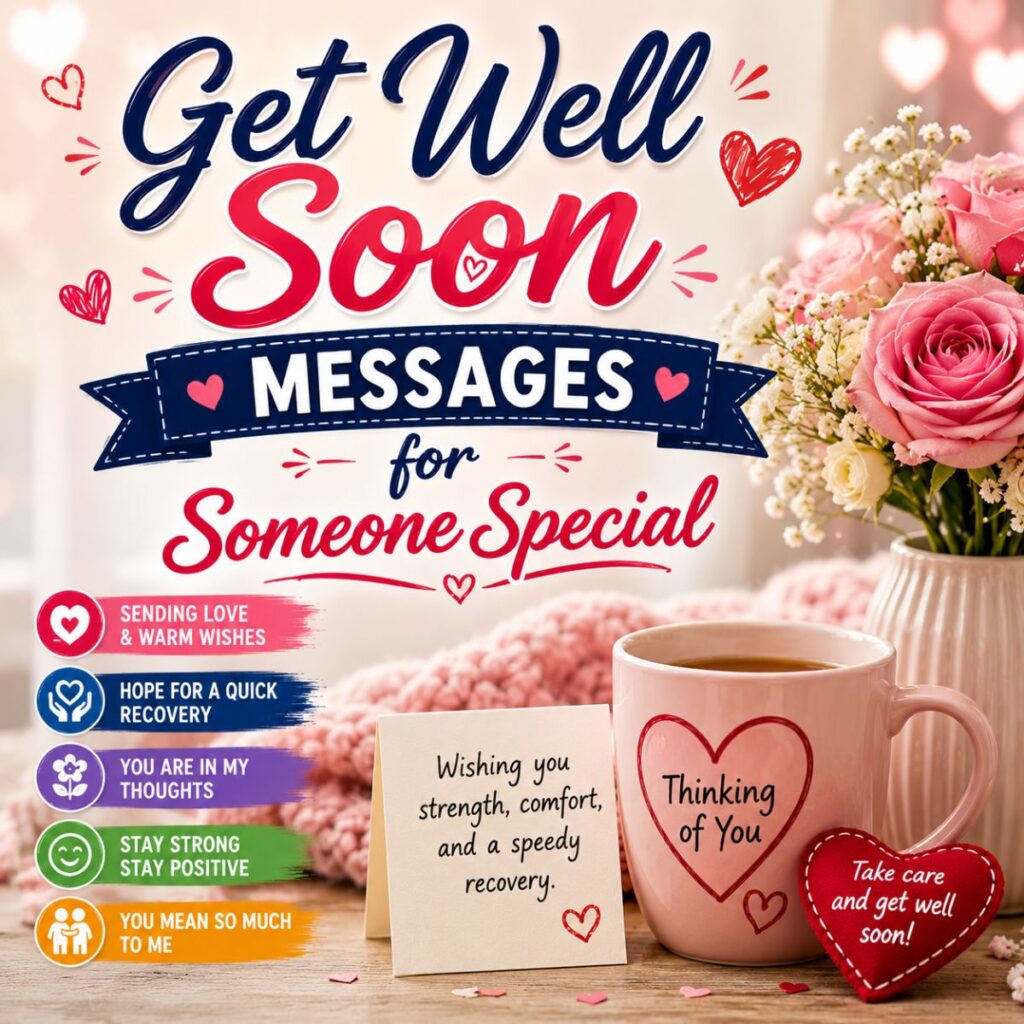 Get well soon messages for someone special with roses, heartfelt wishes, cozy tea mug, and recovery card