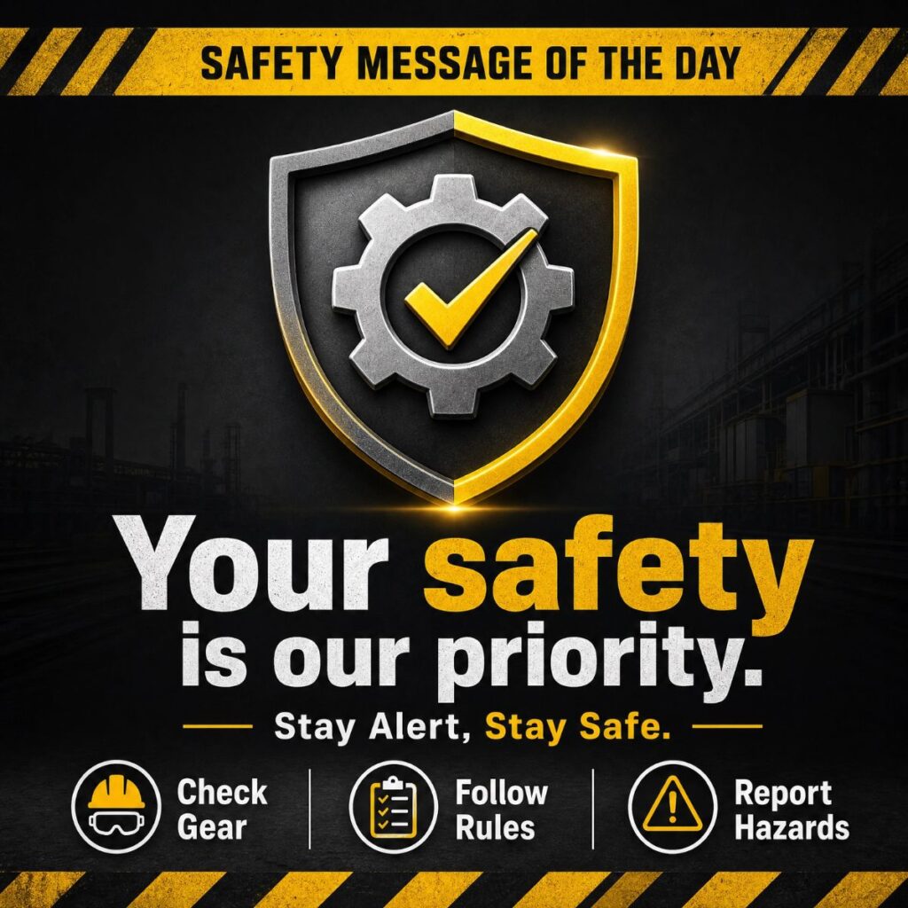 Industrial safety poster with shield icon and your safety is our priority slogan in yellow and black.