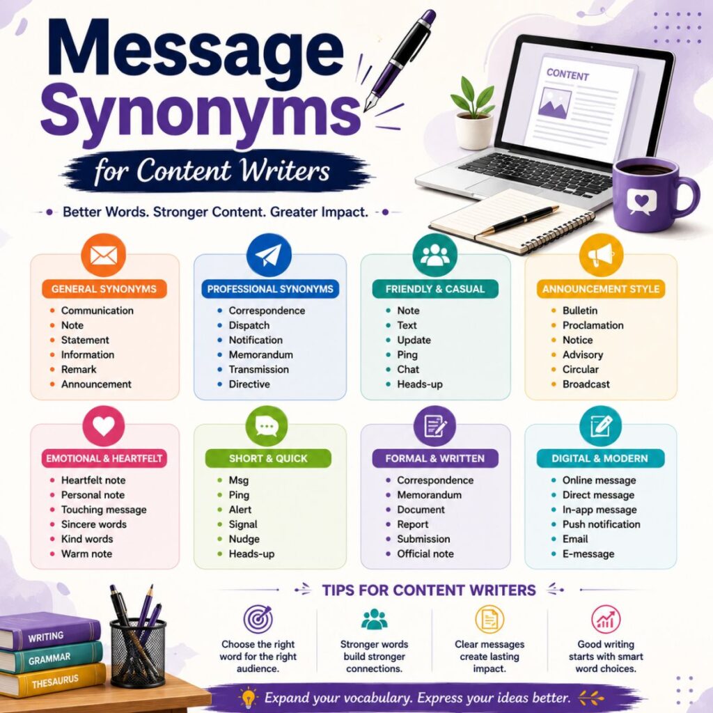 Message synonyms for content writers infographic with vocabulary alternatives, writing tips, and communication examples