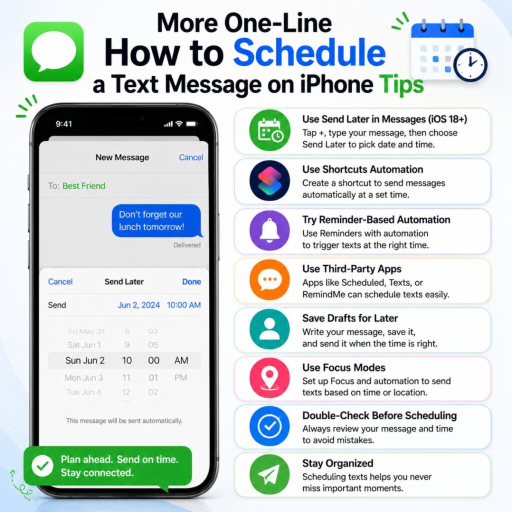 More one-line tips for scheduling text messages on iPhone using Send Later, Shortcuts, and automation features