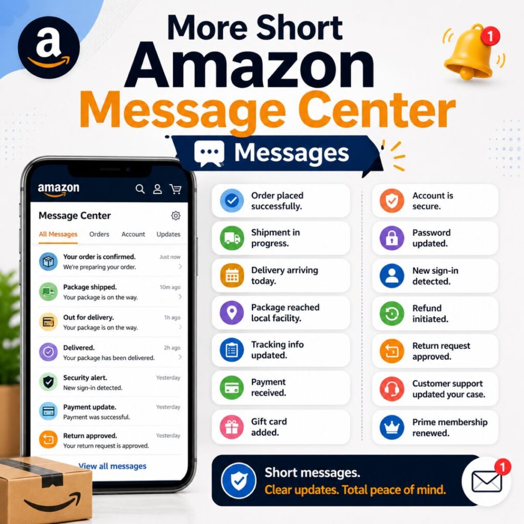 More short Amazon Message Center messages showing order updates, delivery alerts, account security, and refunds