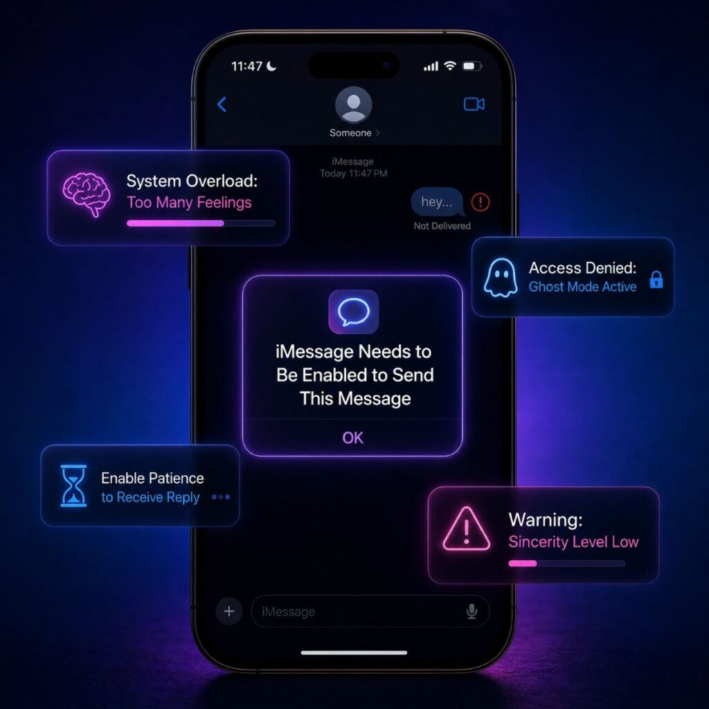 Neon iMessage error bubbles on a dark mode iPhone screen with 'Ghost Mode' and 'System Overload' messages.