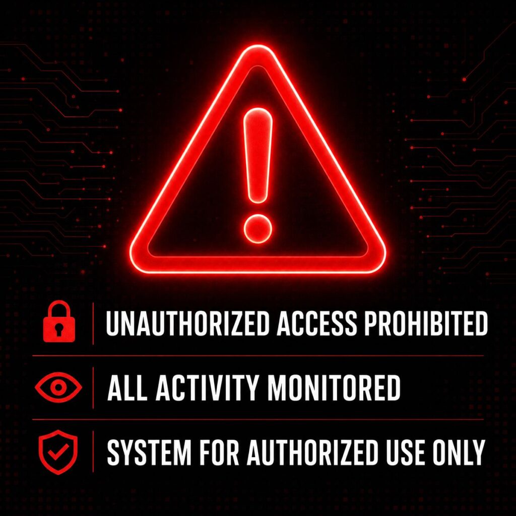 NSA style cyber security warning graphic with red glowing exclamation icon and monitoring text.
