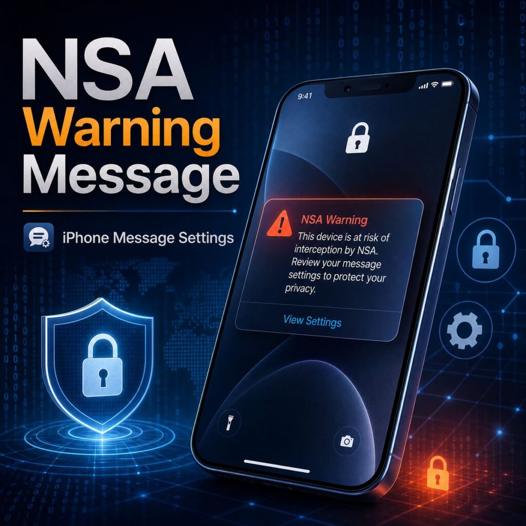 A sleek iPhone displaying an NSA warning message on its screen, surrounded by digital security icons and binary code, symbolizing privacy settings.