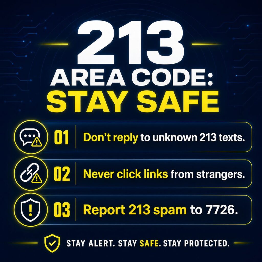 One-line safety messages for 213 area code text scams: don't reply, don't click links, and report spam to 7726.
