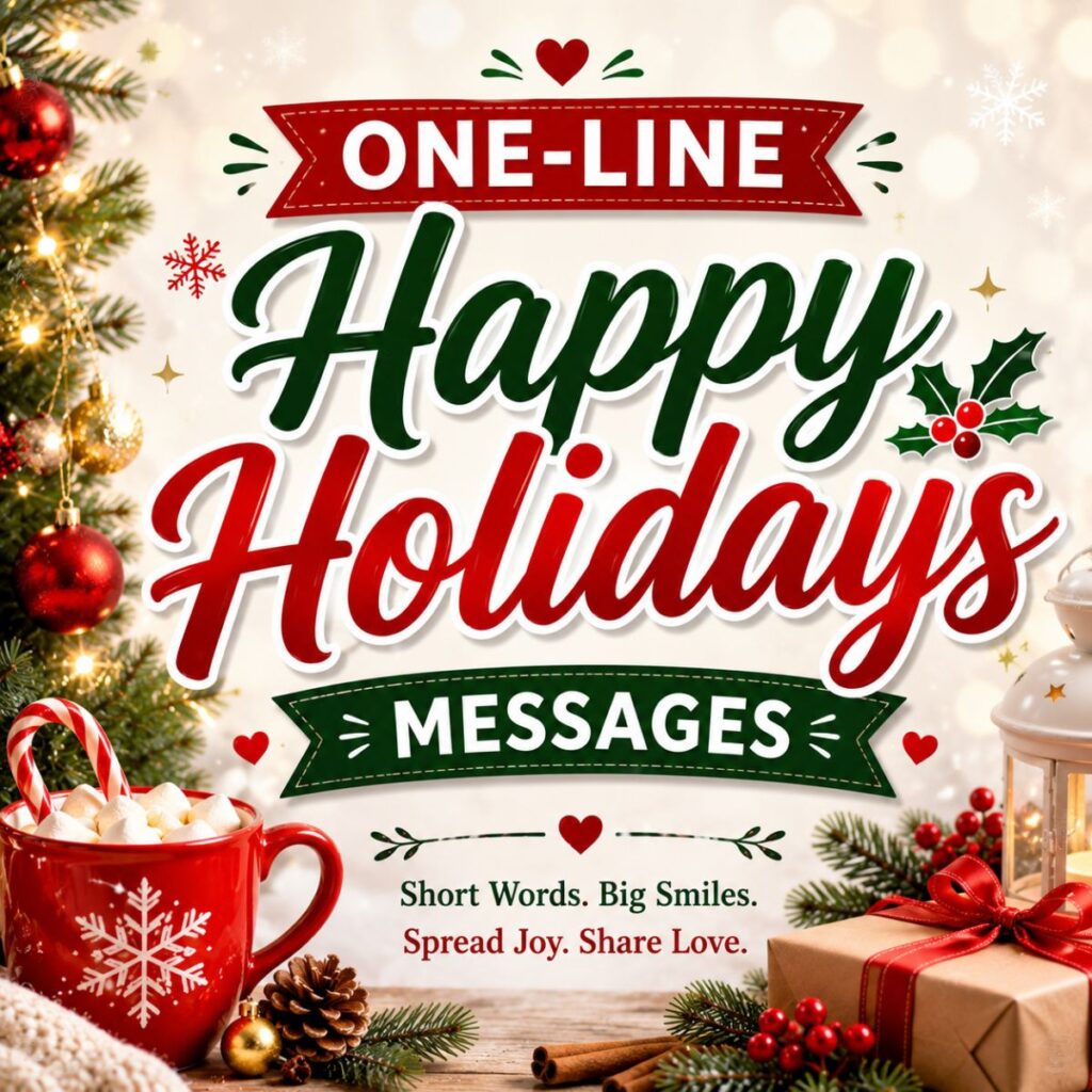 One-line happy holidays messages banner with festive Christmas decorations, gifts, lights, and a cozy holiday mug