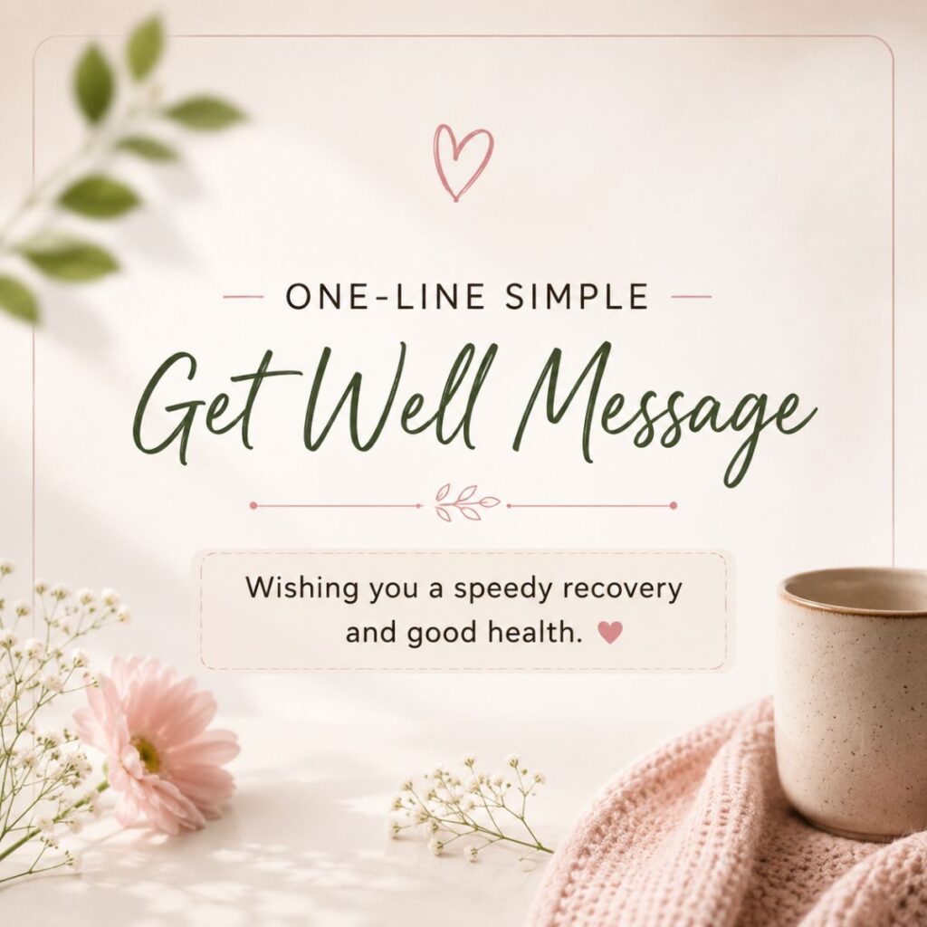 One-line get well message card with soft flowers, warm tea mug, and comforting recovery wishes in a pastel setting