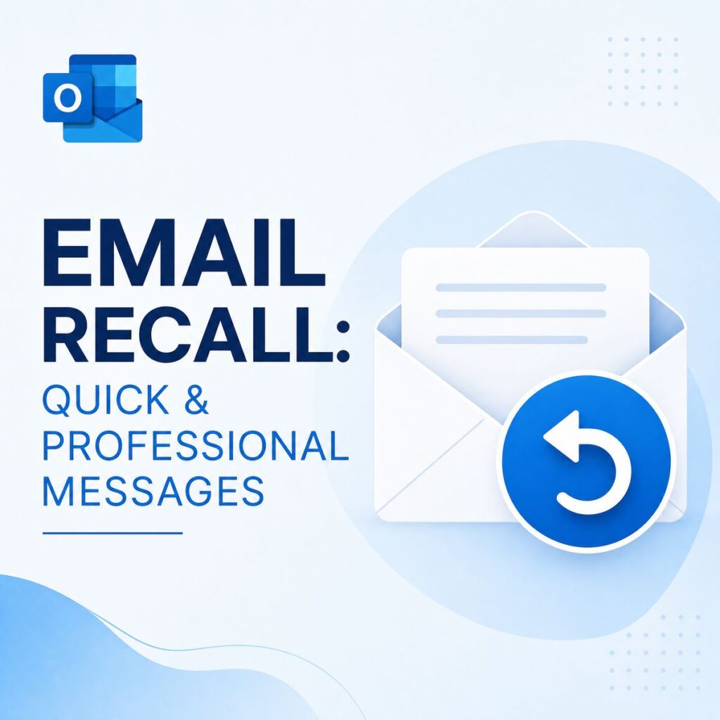 Outlook email recall graphic with a blue undo icon and professional message tips on a clean background.
