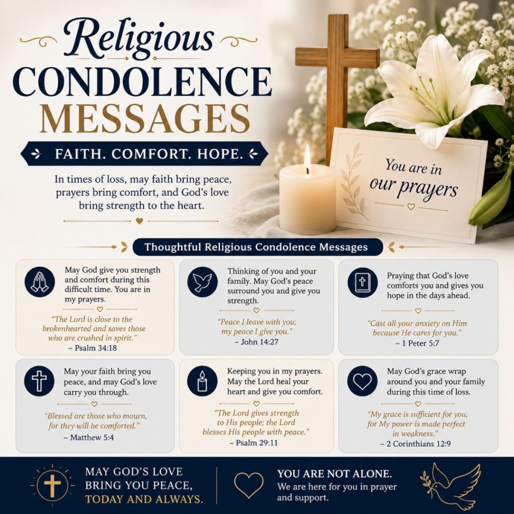 Religious condolence messages with prayer card, cross, candle, and white lilies offering faith and comfort