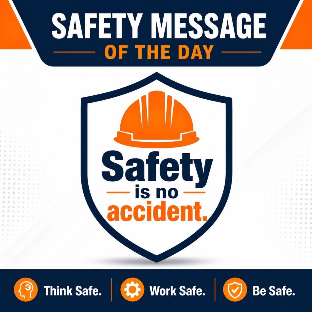 Safety is no accident slogan with orange hard hat and shield icon for workplace safety awareness.