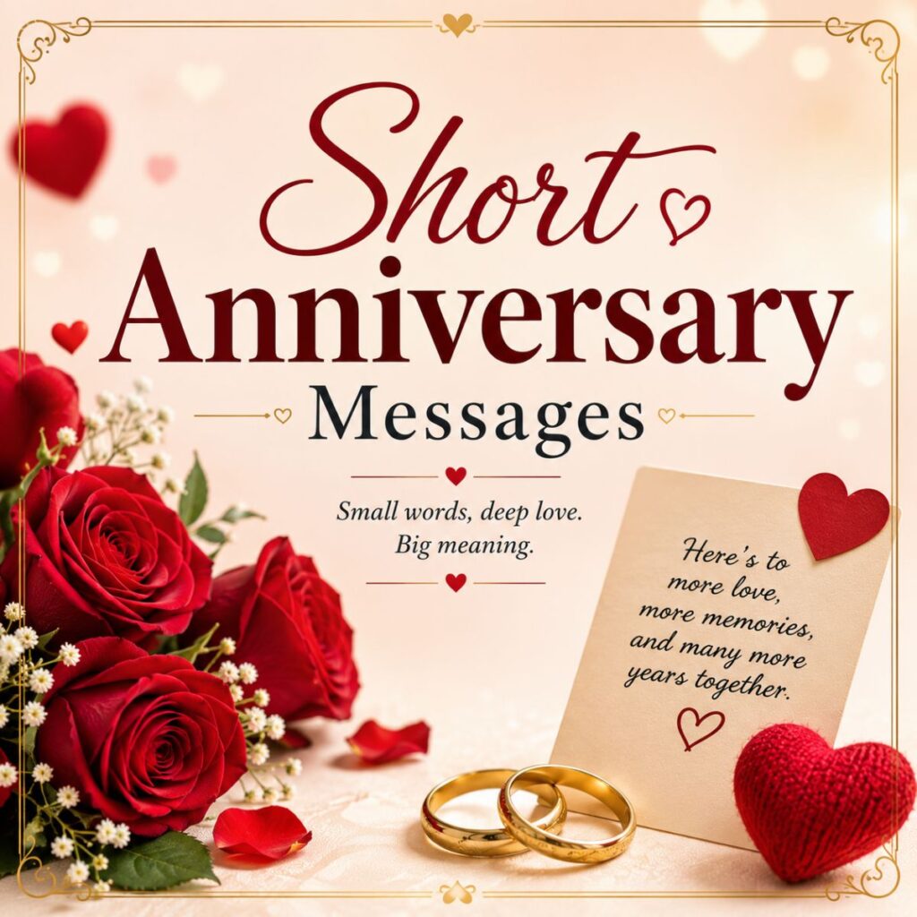 Short anniversary messages graphic with red roses, wedding rings, heart accents, and a romantic love note