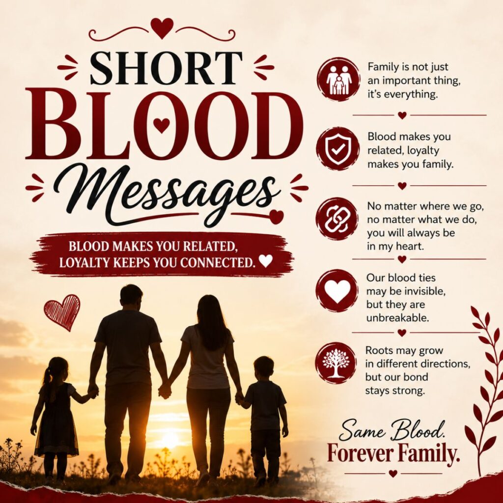 Short blood messages graphic with family silhouette, loyalty quotes, and sunset background symbolizing family bonds