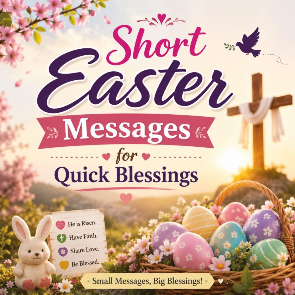 Short Easter messages for quick blessings with Easter eggs, bunny, spring flowers, and a cross at sunrise