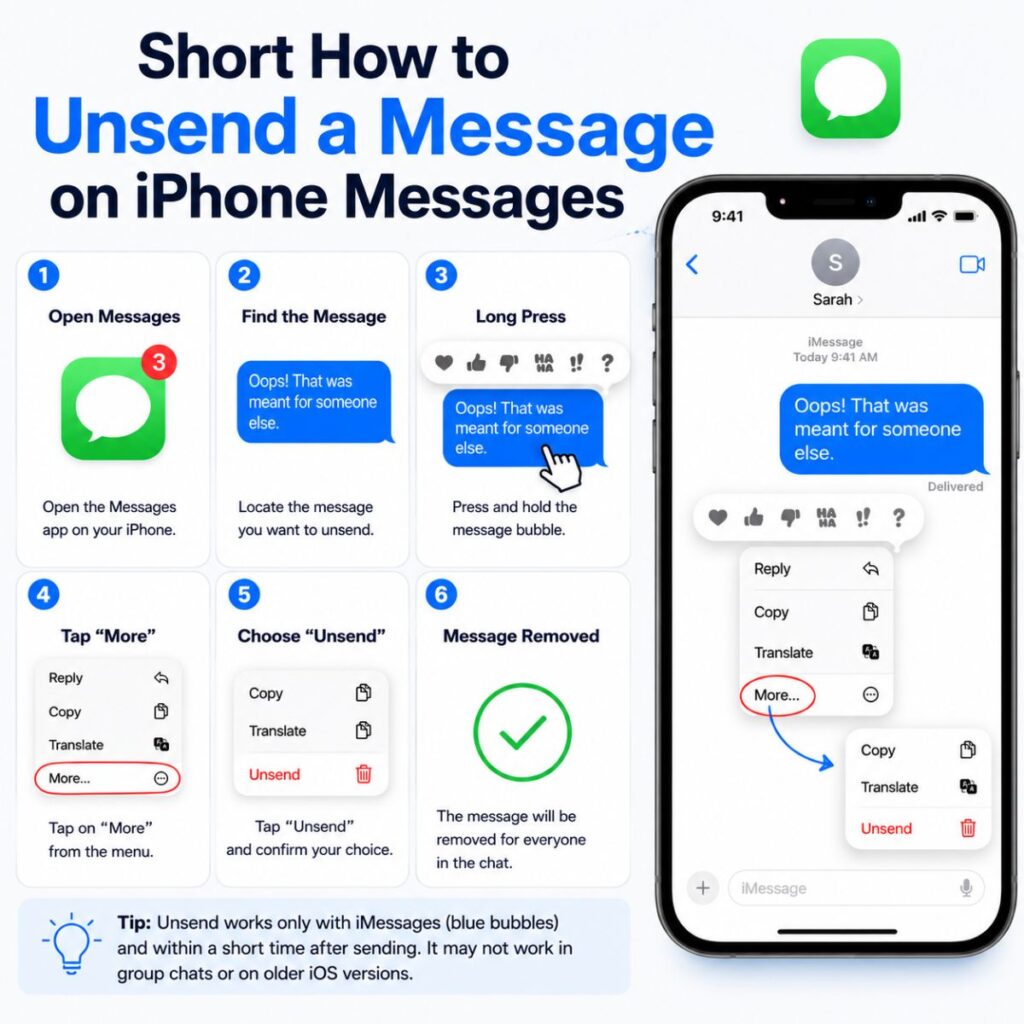 Short guide showing how to unsend a message on iPhone with easy iMessage steps and visual instructions.