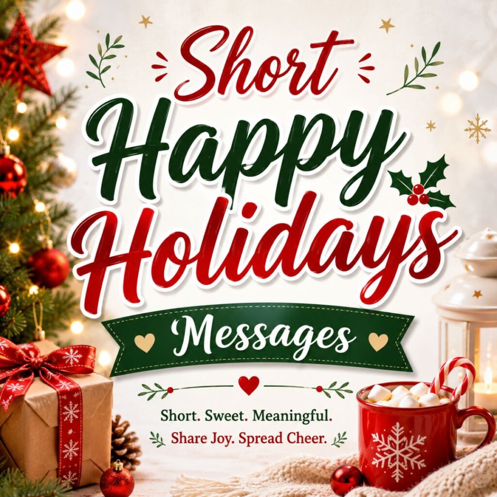 Short happy holidays messages banner with festive gifts, Christmas tree, holiday lights, and a cozy hot cocoa mug