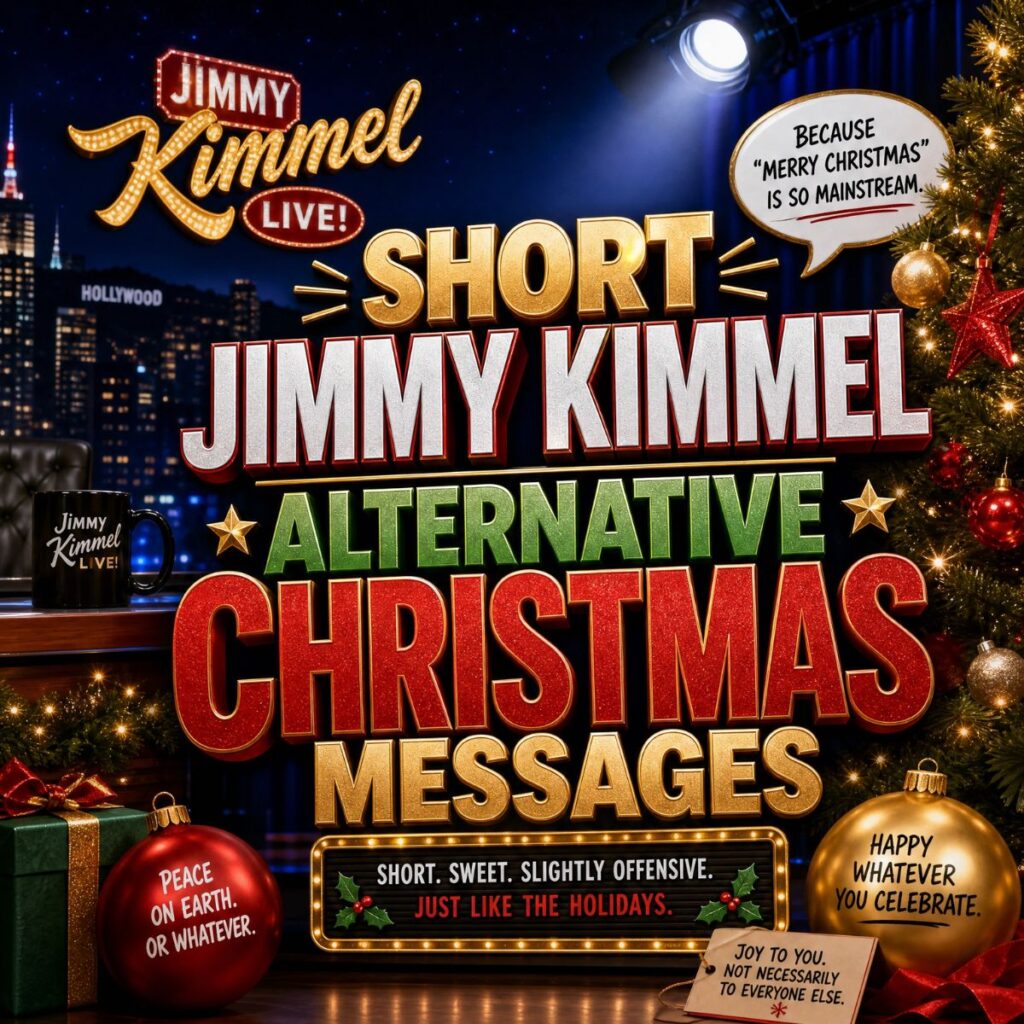 Jimmy Kimmel style Christmas image with festive decorations and humorous alternative messages.