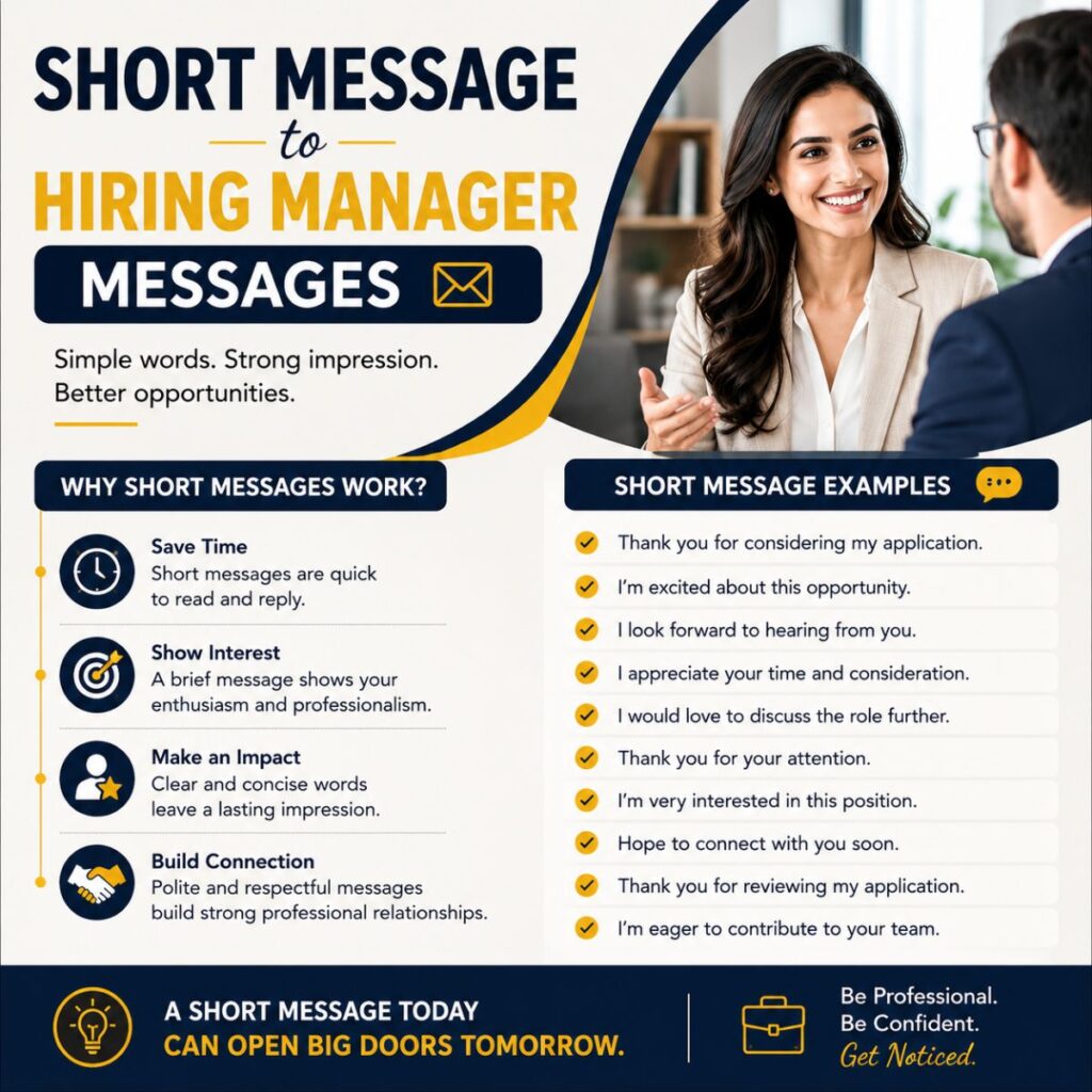 Short message to hiring manager infographic with professional interview tips and concise job application message examples