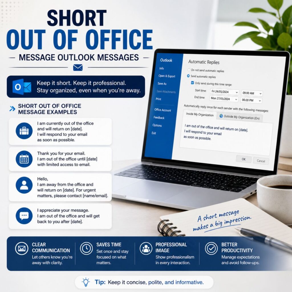 Short Outlook out of office message examples with email auto-reply settings on laptop and professional workspace