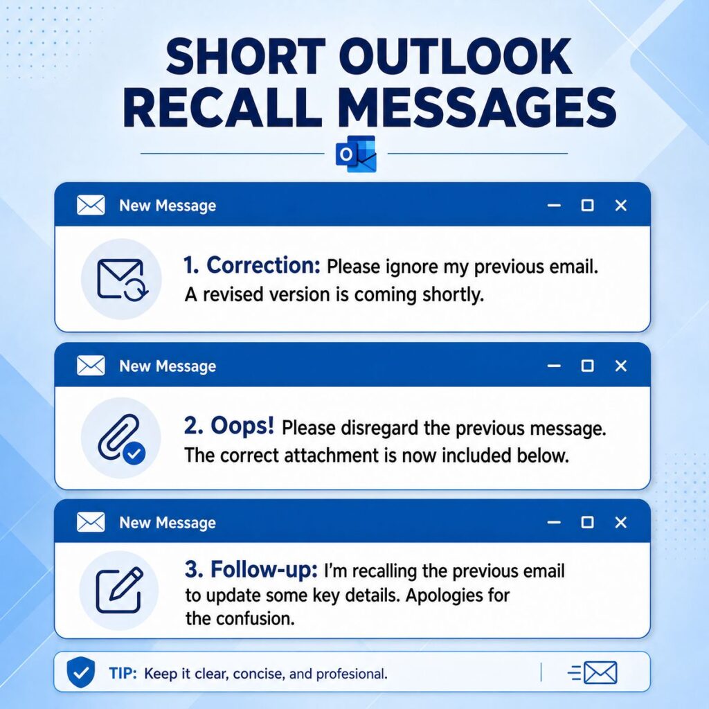  Infographic featuring short Outlook email recall templates for corrections, oops moments, and professional follow-ups.