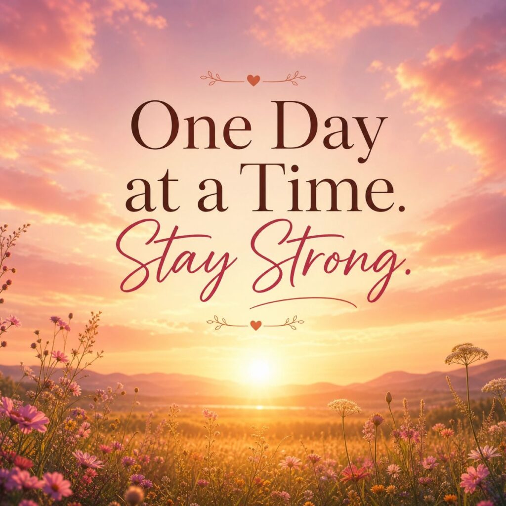  Short positive message for cancer patients featuring a serene sunset meadow and "One Day at a Time. Stay Strong" text.
