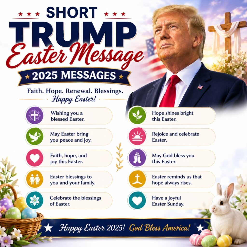 Short Trump Easter Message 2025 ideas with Easter cross, bunny, eggs, faith symbols, and patriotic holiday theme