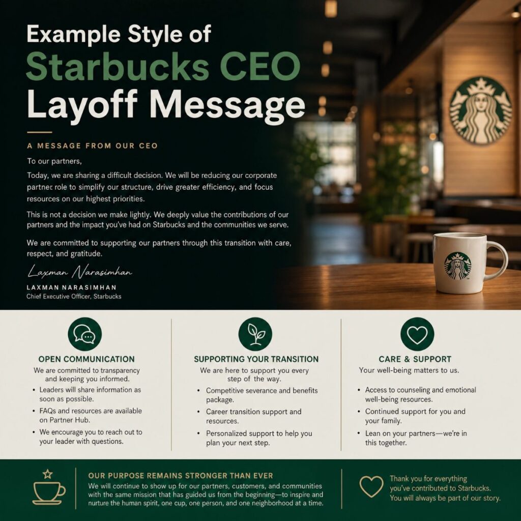 Starbucks style CEO layoff message graphic with coffee shop background and corporate support icons.