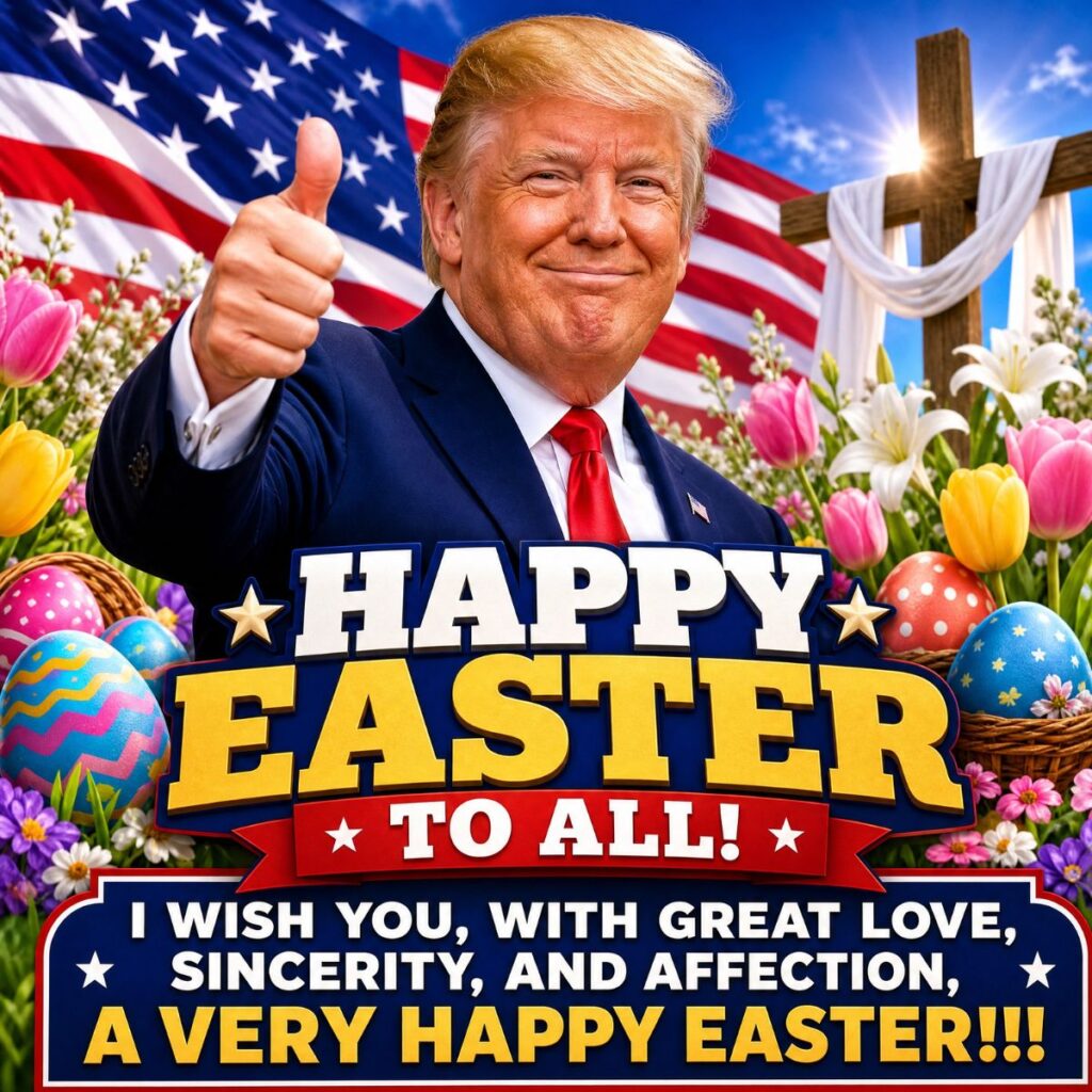 Donald Trump thumbs up with Easter eggs and cross, text Happy Easter to All.
