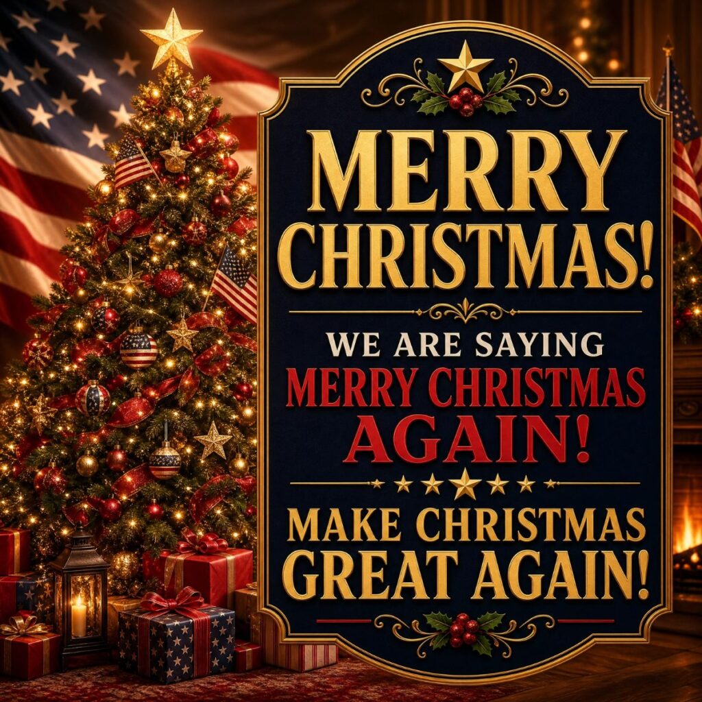 Patriotic Trump Christmas card with a decorated tree, American flags, and "Make Christmas Great Again" text.