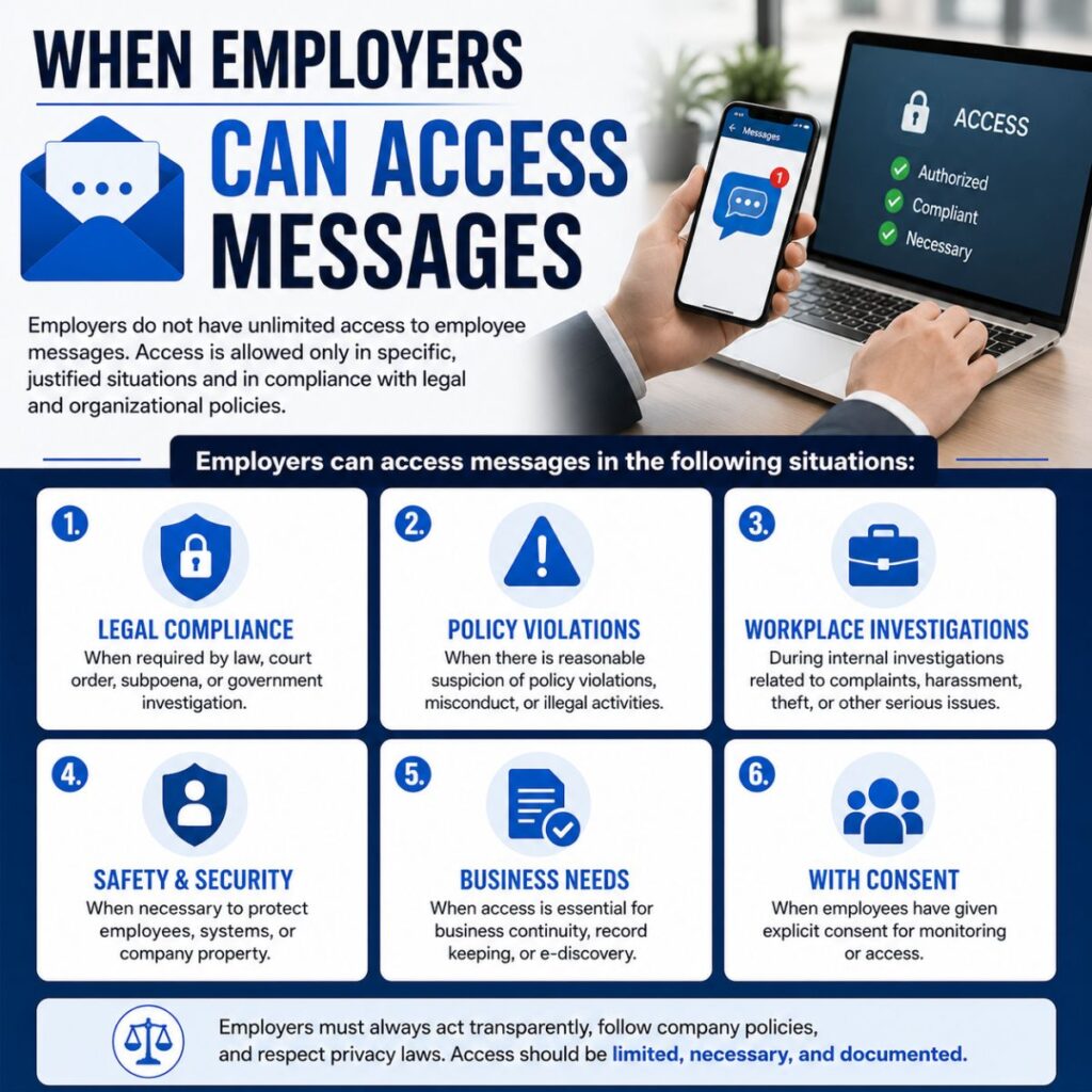 Infographic explaining when employers can access employee messages for legal, security, and workplace reasons.