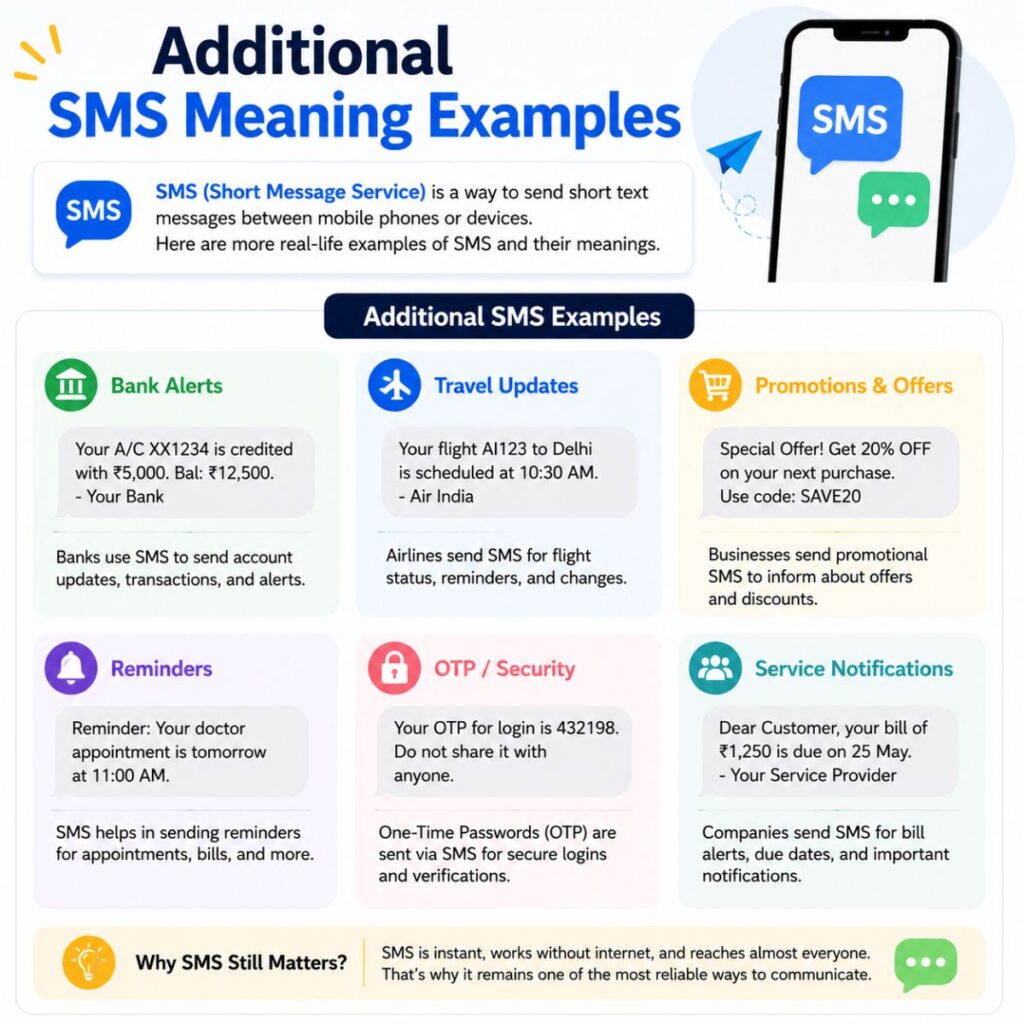 Additional SMS meaning examples infographic showing bank alerts, OTPs, reminders, travel updates, and promotional text messages