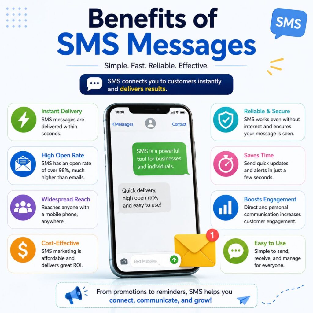 Benefits of SMS messages infographic with smartphone, SMS icons, and key advantages like fast delivery, reliability, and high open rates.