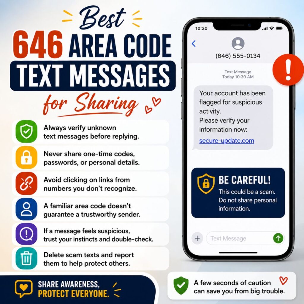 Best 646 area code text messages for sharing with scam awareness tips and safe texting advice infographic.