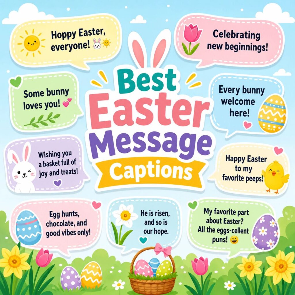 Cheerful infographic with best Easter message captions, featuring bunnies, eggs, and spring flowers for social media.