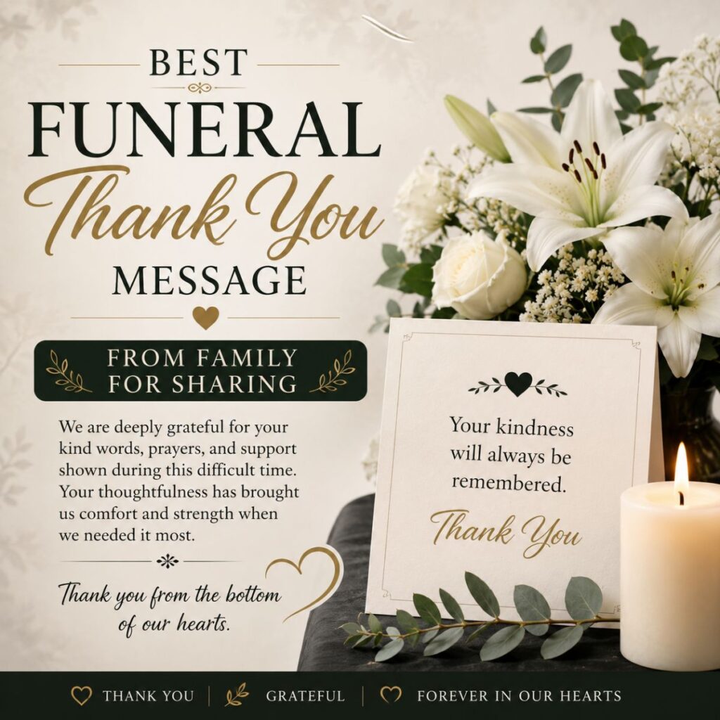 Funeral thank you message from family with white flowers, candle, and heartfelt gratitude card in a peaceful memorial setting.