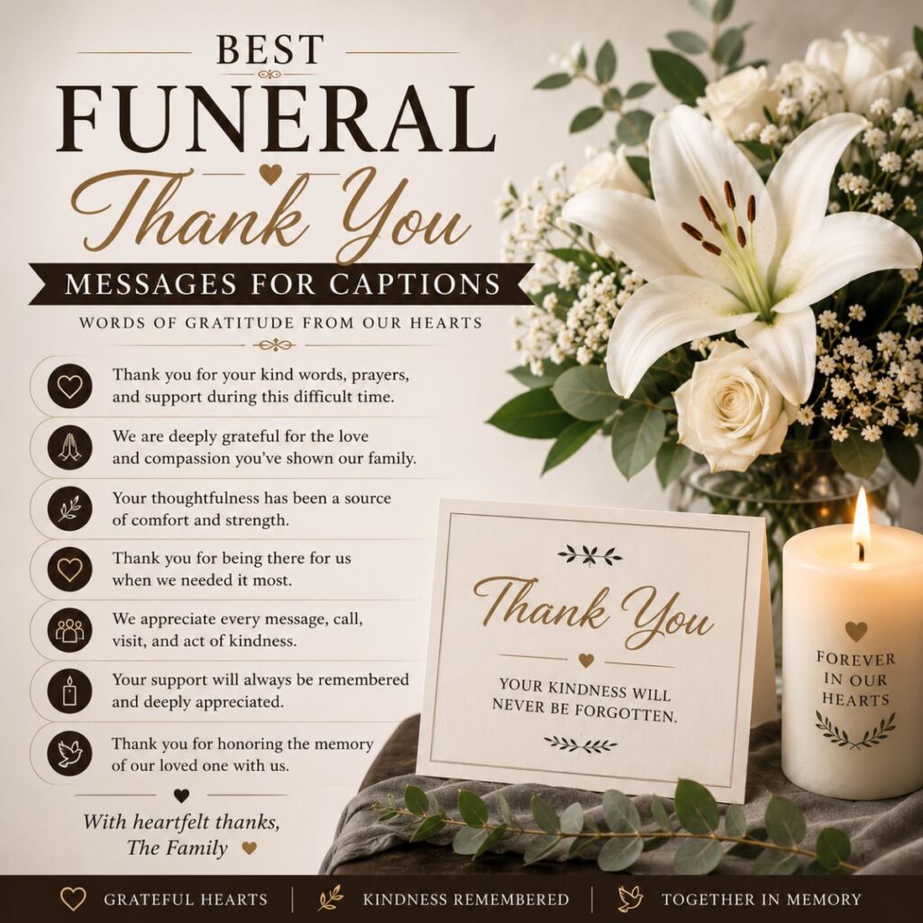 Best funeral thank you messages for captions with white lilies, candle, and gratitude card in a memorial setting.